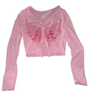 Butterfly Corset Latch Babypink Cropped Tee Baby Tee Long Sleeve